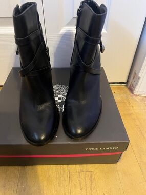 Vince Camuto Black Leather Ankle Booties with Wrap Strap Detail